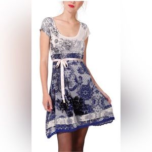 Desigual Short Sleeve Jersey Lanoria Blue Black & White Lace Paisley Print Dress